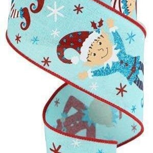 May include: Blue and red ribbon with a repeating pattern of elves wearing Santa hats and holding candy canes. The ribbon has a white snowflake pattern and red stars.