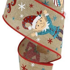 May include: A 2.5 inch wide burlap ribbon with a red border and a repeating pattern of elves, snowflakes, and stars. The elves are wearing red and blue hats and have glitter accents. The ribbon says "Ho Ho Ho" in red lettering.