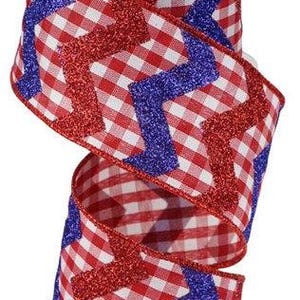 May include: Red and white gingham ribbon with blue glitter chevron pattern.