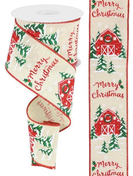 Barn Ribbon Merry Christmas, Barn, on Royal, Cream, Red, White, Green, Glitter ...