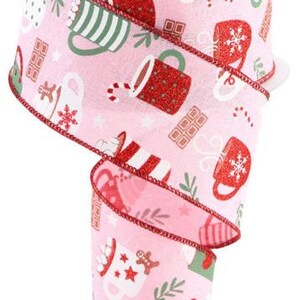 May include: Pink ribbon with a red and white print of mugs, candy canes, and stars. The ribbon has a red edge.