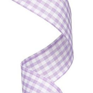 May include: A roll of lavender and white gingham ribbon. The ribbon is 2.5 inches wide and has a wired edge.