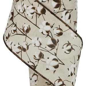 May include: A 2.5 inch wide wired ribbon with a brown and white cotton boll design. The ribbon has a brown wired edge.