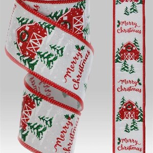 May include: Red and green Christmas ribbon with a white background. The ribbon features a repeating pattern of a red barn with a wreath on the door, green pine trees, and the words "Merry Christmas".