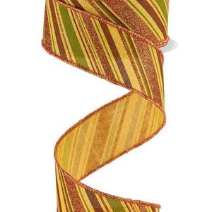 May include: A 2.5 inch wide wired ribbon with a striped pattern in shades of brown, yellow, green, and orange. The ribbon has a subtle glitter finish.