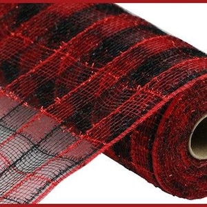 May include: Red and black buffalo plaid wired ribbon. The ribbon is made of a mesh material and has a shiny finish.