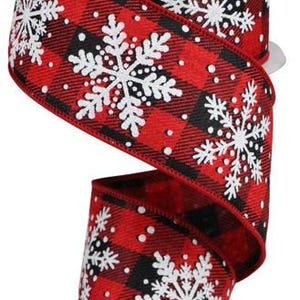 May include: Red and black buffalo plaid ribbon with white snowflake designs and white polka dots.