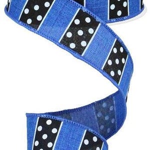 May include: Blue and black ribbon with white polka dots. The ribbon has a striped pattern with alternating blue and black stripes. The ribbon is 2.5 inches wide.