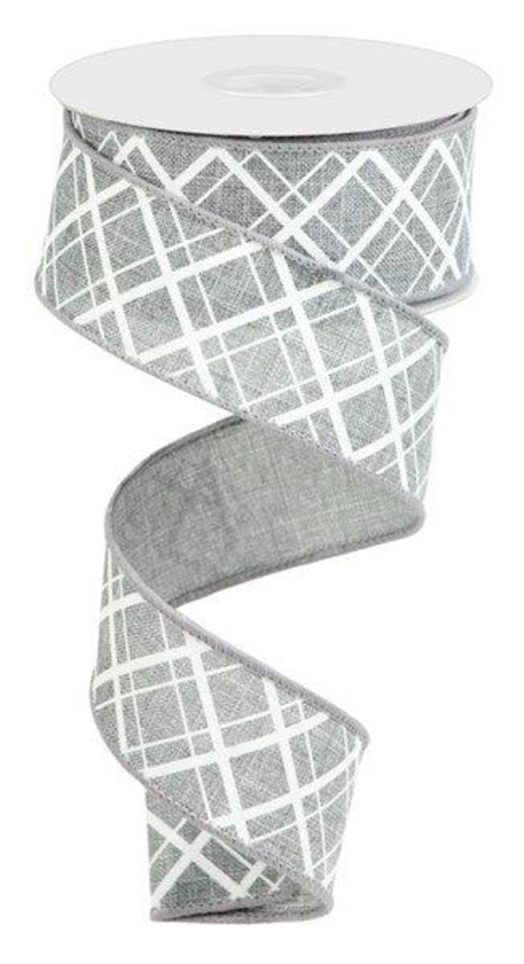 Thick and Thin, Diagonal Check, Grey, White, Wired Ribbon, 1.5