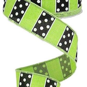 May include: Green and black striped ribbon with white polka dots. The ribbon is 2.5 inches wide.