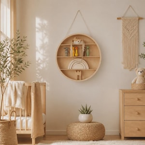 Peut inclure: Une étagère murale ronde en bois avec trois niveaux horizontaux contenant des petites figurines, un appareil photo jouet et un arc-en-ciel en bois. L'étagère est suspendue par une fine corde et présente une finition en bois clair naturel.