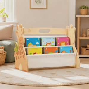 May include: A light-colored wooden bookshelf featuring a giraffe-shaped side panel with brown spots. The unit has two tiers of white fabric slings for holding books, with a cutout handle at the top. Several colorful children's books are displayed.