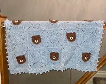 Teddy bear baby blanket, handmade blanket, crochet blanket, baby shower gift, childrens blanket, newborn blanket, newborn gift,