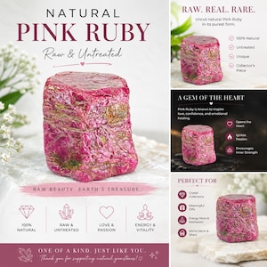 May include: A raw, untreated pink ruby gemstone with a textured, crystalline surface featuring deep magenta and earthy brown tones. The stone is displayed in a promotional graphic containing text such as NATURAL PINK RUBY, RAW. REAL. RARE., and A GEM OF THE HEART, alongside various icons and descriptive bullet points about the mineral.