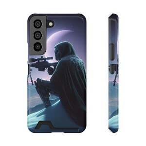 Capa de celular futurista, design de noite estrelada, porta-cartões para amantes de ficção científica, presente para técnicos, acessório móvel exclusivo