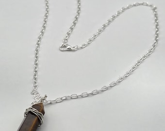 Silver wrapped Tigers Eye pendant on silver plated chain