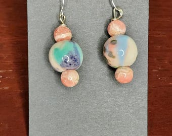 Pink Watercolor Ceramic Dangle Earrings with Rhodochrosite