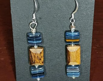 Blue Glass and Wood Dangle Earrings