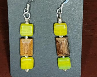 Green Glass and Wood Dangle Earrings