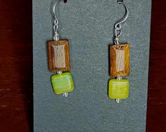 Green Glass and Wood Dangle Earrings