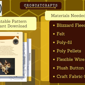 May include: A digital download listing for a plush pattern from CrowCatCrafts. The image shows a pattern with instructions, a plush toy, and a list of materials needed, including Blizzard Fleece, Felt, and Poly-fil.