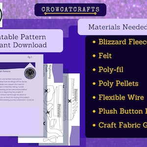 May include: A printable pattern for a NightWing plush toy, with instructions and material list. The design includes a preview of the plush and a list of materials like Blizzard Fleece, felt, and plush button eyes. The text "CROWCATCRAFTS" is at the top.