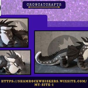 May include: A plush dragon toy in black, white, and grey, with a detailed design featuring horns, wings, and a spotted pattern. The toy is displayed in multiple views, showcasing its craftsmanship. The image includes the text "CROWCATCRAFTS".