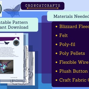 K&ouml;nnte beinhalten: Ein digitales Schnittmuster f&uuml;r ein Silkwing-Pl&uuml;schtier mit Schmetterlingsdesign. Das Bild zeigt eine Liste der ben&ouml;tigten Materialien, wie Blizzard Fleece, Filz und Pl&uuml;sch-Knopfaugen. Der Text "Druckbares Muster Sofort-Download" ist ebenfalls sichtbar.