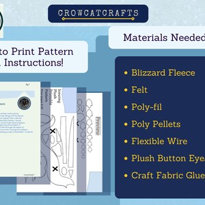 Puede incluir: Un patr&oacute;n de costura con instrucciones para un peluche IceWing, con un logotipo y el texto "Easy to Print Pattern and Instructions!" Los materiales necesarios incluyen Blizzard Fleece, Fieltro, Poly-fil, Bolitas de polietileno, Alambre flexible, Ojos de bot&oacute;n de felpa y Pegamento para tela.