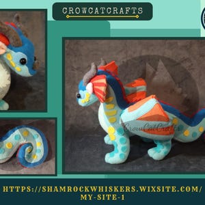 May include: A blue and orange plush dragon with yellow spots. The dragon has a long tail and a large head with a red crest. The dragon is made of felt and is about 12 inches long.
