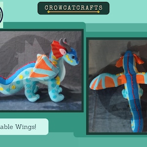 May include: A blue and orange plush dragon with posable wings. The dragon has yellow spots and a red crest. The wings are spread out and the dragon is looking to the right. The text "Crowcatcrafts" is visible in the background.