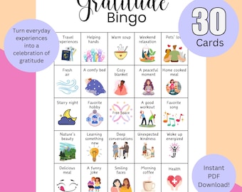 Bingo de gratitud en grupo para imprimir: actividad de mindfulness, descarga instantánea. Juega en grupo.