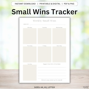 Puede incluir: Un "Seguimiento de Pequeñas Victorias" imprimible en formatos PDF y PNG. El diseño presenta un diseño semanal con espacios para cada día, una sección para la mayor victoria y una indicación para pequeños pasos. El texto incluye "Weekly Small Wins".