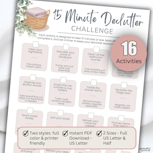 Könnte beinhalten: Eine druckbare Checkliste für die Aufräum-Challenge mit 16 Aktivitäten, darunter das Aufräumen des Nachttischs und das Organisieren der Küchenschublade. Das Design verfügt über eine weiche Farbpalette und enthält den Text "15 Minute Declutter Challenge."