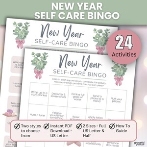 May include: Two "New Year Self-Care Bingo" cards with watercolor eucalyptus and pink bow accents. The cards feature 24 activities and include options for two styles, instant PDF download, two sizes, and a how-to guide.
