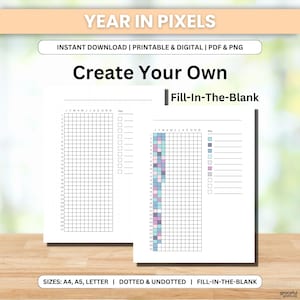 Jaar in pixels afdrukbare invulbare tekst | Pdf, PNG | 3 pdf-formaten: Letter, A4, A5 | Gestippeld en geen stippen | Journaalbijvoegsel