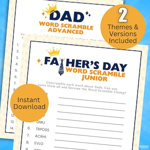 Dad Word Scramble Game - afdrukbare bundel Eenvoudige en harde versies | Perfect voor Vaderdag, vaders verjaardag, feestjes, familieplezier of in de klas