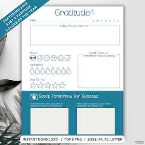 Daily Gratitude Journal Printable & Digital | Instant Download PDF, PNG | Letter, A4, A5 | Mood Tracker | Patina Blue and Cloud Dancer