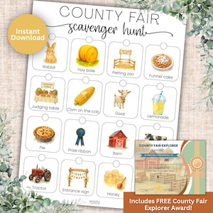 May include: A printable County Fair scavenger hunt with illustrations of a rabbit, hay bale, petting zoo, funnel cake, judging table, corn, goat, lemonade, pie, ribbon, barn, tractor, entrance sign, and honey. Includes a free County Fair Explorer Award.