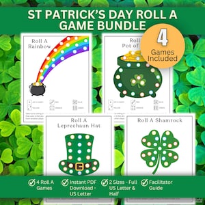 May include: A St. Patrick's Day game bundle with four games, including Roll a Rainbow, Roll a Pot of Gold, Roll a Leprechaun Hat, and Roll a Shamrock. The games are in PDF format, available in two sizes, and include a facilitator guide.