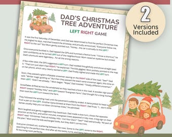 May include: A Christmas-themed board game titled "Dad's Christmas Tree Adventure" with a family in a car carrying a Christmas tree. The game includes two versions and a facilitator guide. The text reads "Christmas Left & Right Game".