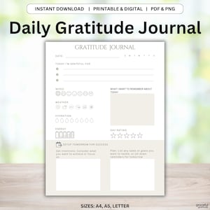 Diario de gratitud imprimible y digital / Descarga instantánea en PDF y PNG / 3 tamaños: Carta, A4 y A5