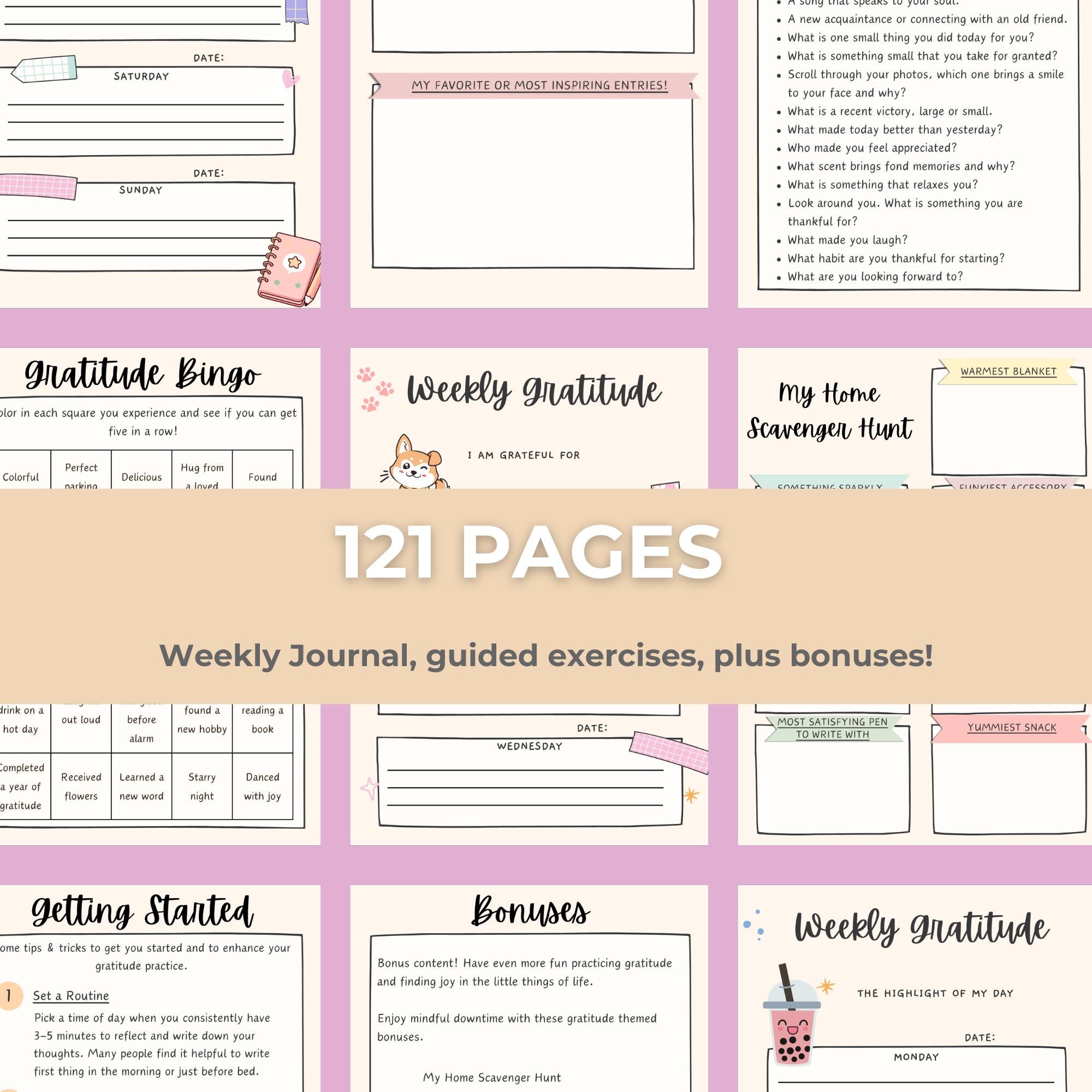 Cute Gratitude Journal Printable – 121 Pages With Prompts, Weekly ...
