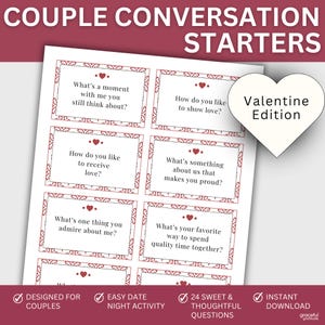Gesprekskaarten Valentijn voor stellen | Zinvolle relatievragen | Afdrukbaar date-avondspel | Romantische Valentijnsdag-activiteit