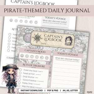 Bitácora del Capitán Imprimible / Diario de Autocuidado y Reflexión con Tema Pirata / Registro de Gratitud y Estado de Ánimo / A4, A5, Carta / PNG, PDF / PIR01