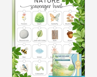 May include: A nature scavenger hunt printable with watercolor illustrations of flowers, a bush, a butterfly, mushrooms, a round rock, a leaf, bark, an acorn, a bee, water, a bug, a bird, and a caterpillar. Includes a Nature Explorer Award.