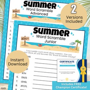Juego de palabras de verano imprimible: versiones fácil y avanzada, PDF, divertida actividad de verano para niños y adultos, juego de fiesta para el aula / SUM01