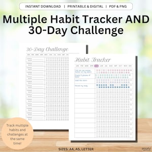 Può includere: Un modello stampabile di monitoraggio delle abitudini e sfida di 30 giorni. Il design include una sfida di 30 giorni e un tracker delle abitudini, con spazio per registrare i progressi quotidiani. Il testo include "Multiple Habit Tracker AND 30-Day Challenge". Le dimensioni sono A4, A5 e Letter.