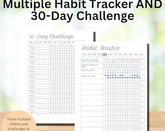 Könnte beinhalten: Eine druckbare Vorlage für einen Gewohnheitstracker und eine 30-Tage-Challenge. Das Design umfasst eine 30-Tage-Challenge und einen Gewohnheitstracker mit Platz zur Aufzeichnung des täglichen Fortschritts. Der Text enthält "Multiple Habit Tracker AND 30-Day Challenge". Die Größen sind A4, A5 und Letter.