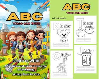 Pode incluir: Uma capa de livro colorida com o título "ABC Trace and Color" e o subtítulo "Aprenda a escrever". A capa apresenta um grupo de crianças caminhando em um pátio de escola. O livro inclui 52 imagens e palavras para traçar para o aprendizado precoce. É um livro de atividades para crianças.